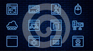 Set line Create account screen, Computer monitor, Flowchart, Browser with shield, Web development, Software, Server