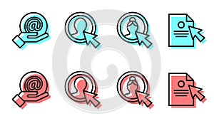 Set line Create account screen, Mail and e-mail in hand, Create account screen and Document and cursor icon. Vector