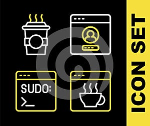 Set line Create account screen, Software, Code terminal and Coffee cup to go icon. Vector
