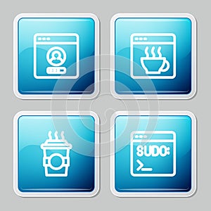 Set line Create account screen, Software, Coffee cup to go and Code terminal icon. Vector