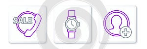 Set line Create account screen, Telephone 24 hours support and Wrist watch icon. Vector