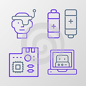 Set line Creating robot, Motherboard digital chip, Battery and Smart glasses icon. Vector