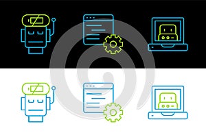 Set line Creating robot, Robot low battery charge and Computer api interface icon. Vector