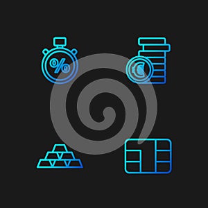 Set line Credit card with chip, Gold bars, Stopwatch and percent and Coin money euro symbol. Gradient color icons