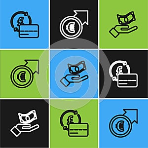 Set line Credit card, Hand holding money and Financial growth euro icon. Vector