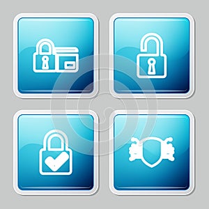 Set line Credit card with lock, Open padlock, Lock and check mark and Cyber security icon. Vector