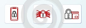 Set line Credit card with lock, Smartphone and Cyber security icon. Vector
