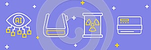Set line Credit card, Radioactive waste in barrel, Smart glasses on spectacles and Computer vision icon. Vector