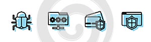 Set line Credit card with shield, System bug, Folder password and Browser icon. Vector