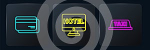 Set line Credit card, Taxi roof and Online hotel booking. Black square button. Vector