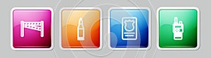 Set line Crime scene, Bullet, Police badge with id case and Walkie talkie. Colorful square button. Vector