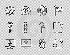 Set line Cross ankh, Map of Egypt, Egyptian pharaoh, Eye Horus on monitor, Sun, Papyrus scroll, mummy in sarcophagus and