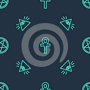 Set line Cross ankh, Masons and Pentagram in circle on seamless pattern. Vector