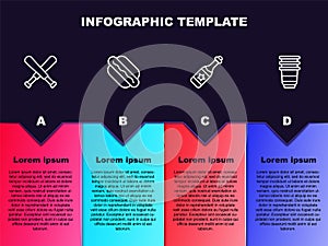 Set line Crossed baseball bat, Hotdog sandwich, Champagne bottle and Paper glass. Business infographic template. Vector