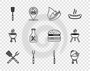 Set line Crossed fork and spatula, Barbecue grill, Hot chili pepper pod, Ketchup bottle, knife and icon. Vector