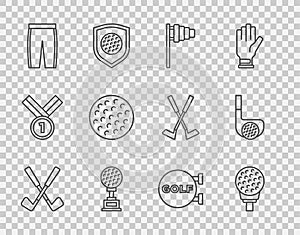 Set line Crossed golf club, Golf ball on tee, flag, Award cup with, pants, sport and icon. Vector