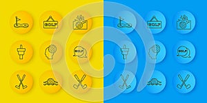 Set line Crossed golf club, Golf tee, ball, label, hole with flag, in water and icon. Vector