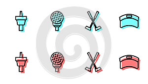 Set line Crossed golf club, Golf tee, ball on and Sun visor cap icon. Vector