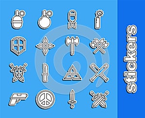 Set line Crossed medieval sword, baseball bat, axes, Aviation bomb, Japanese ninja shuriken, Shield, Hand grenade and