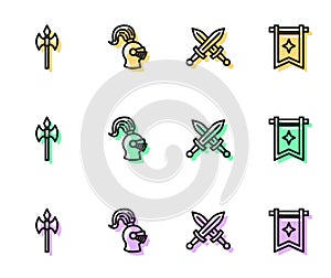 Set line Crossed medieval sword, Medieval axe, helmet and flag icon. Vector