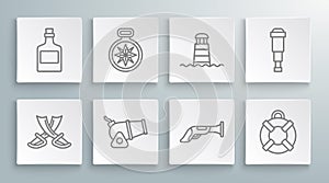 Set line Crossed pirate swords, Compass, Cannon, Vintage pistol, Lifebuoy, Lighthouse, Spyglass telescope lens and