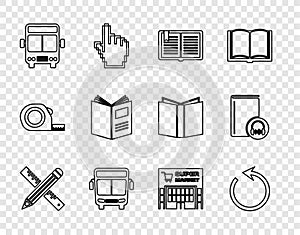 Set line Crossed ruler and pencil, Refresh, Open book, Bus, Supermarket building and Audio icon. Vector