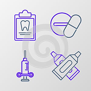 Set line Crossed tube of toothpaste, Dental medical syringe, Medicine pill or tablet and Clipboard with dental card icon