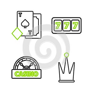 Set line Crown, Casino signboard, Slot machine with lucky sevens jackpot and Playing card spades icon. Vector