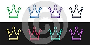Set line Crown icon isolated on black and white background. Vector