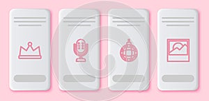 Set line Crown, Microphone, Disco ball and Photo. White rectangle button. Vector