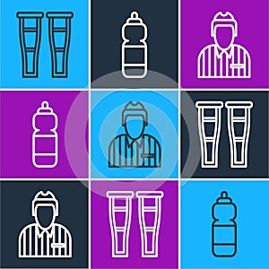 Set line Crutch or crutches, Hockey judge, referee, arbiter and Fitness shaker icon. Vector photo