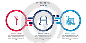 Set line Crutch or crutches, Walker and Wheelchair. Business infographic template. Vector