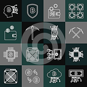 Set line Cryptocurrency bitcoin with circuit, Processor, Crossed pickaxe, Proof of stake, Pickaxe, wallet, Bitcoin think
