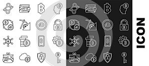 Set line Cryptocurrency Bitcoin key, Lock with bitcoin, cloud mining, exchange, and Dash icon. Vector