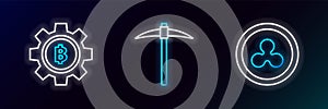 Set line Cryptocurrency coin Ripple XRP, Bitcoin and Pickaxe icon. Glowing neon. Vector