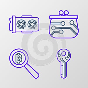 Set line Cryptocurrency key, Magnifying glass with Bitcoin, wallet and Mining farm icon. Vector