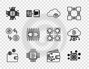 Set line Cryptocurrency wallet, ASIC Miner, cloud mining, CPU farm, Processor chip with dollar, bitcoin circuit, and