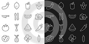 Set line Cucumber, Hot chili pepper, Cutting board with vegetables, Bell, Asparagus, Knife, Eggplant and Watermelon icon