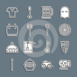 Set line Cup from the skull, Shield, Old wooden wheel, Wooden mug, Medieval axe, Body armor, and chained mace ball icon