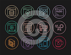 Set line Cup of tea with tea bag, Debugging, Browser files, Software, Online play video, Server, Data, Web Hosting