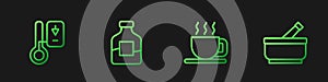 Set line Cup of tea, Sauna thermometer, Bottle vodka and Mortar and pestle. Gradient color icons. Vector
