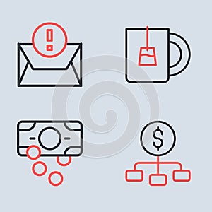 Set line Cup of tea, Stacks paper money cash, Hierarchy with dollar and Envelope icon. Vector