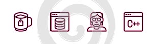 Set line Cup of tea with tea bag, Hacker or coder, Server, Data, Web Hosting and Software icon. Vector