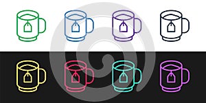 Set line Cup of tea with tea bag icon isolated on black and white background. Vector