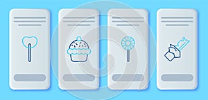 Set line Cupcake, Lollipop, and Bitten chocolate bar icon. Vector