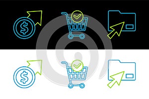 Set line Cursor click document folder, Financial growth and coin and Shopping cart with check mark icon. Vector
