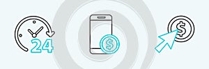 Set line Cursor and coin, Clock 24 hours and Smartphone with dollar icon. Vector