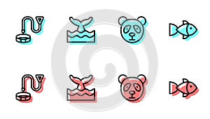 Set line Cute panda face, Collar with name tag, Whale tail in ocean wave and Fish icon. Vector