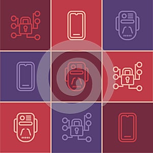 Set line Cyber security, Artificial intelligence robot and Mobile phone icon. Vector