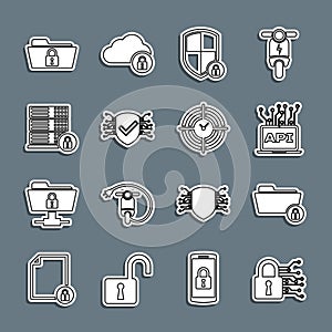 Set line Cyber security, Folder and lock, Computer api interface, Shield with, Server, and Time Management icon. Vector